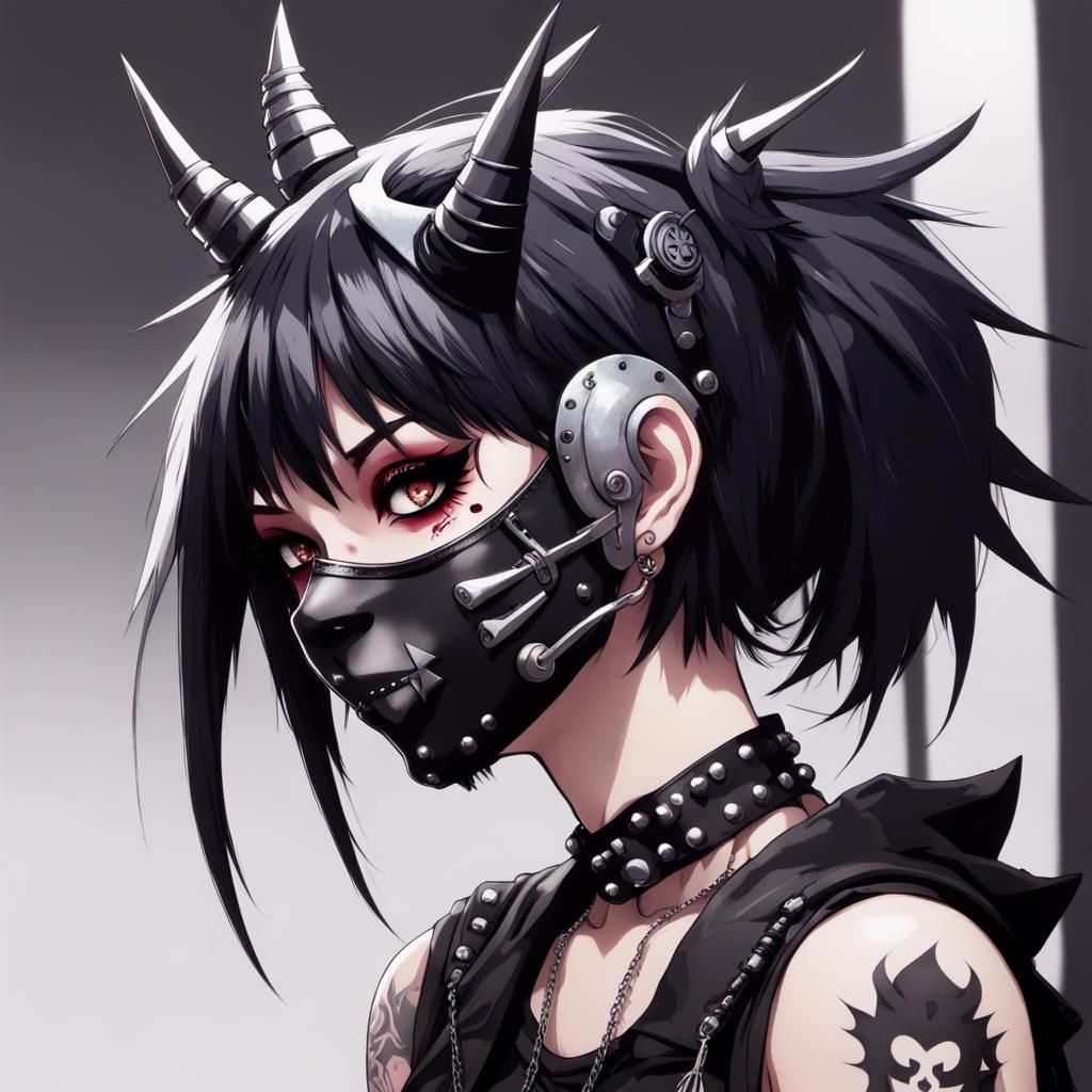 Anime Punk Goth Girl with Oni Mask