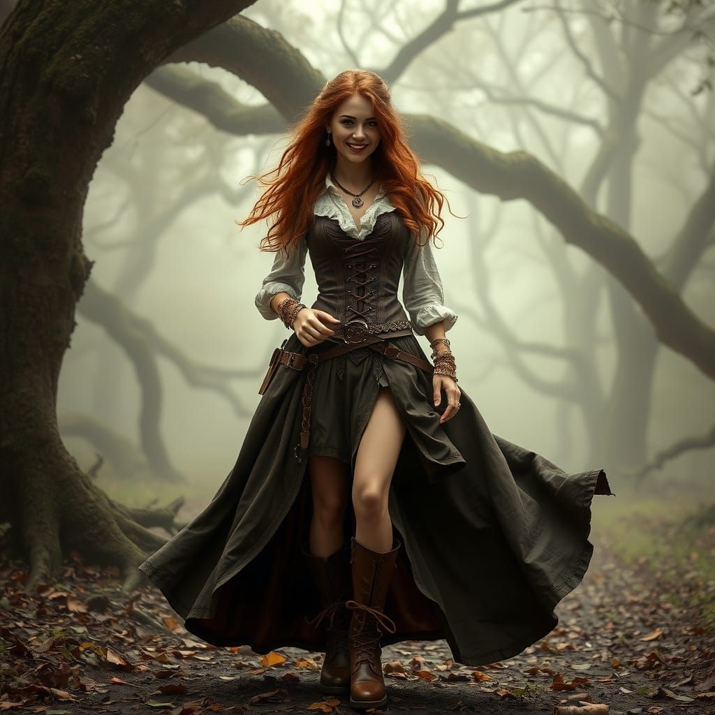 Steampunk Siren Dancing in Foggy Forest