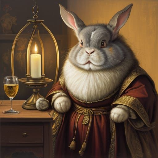 Renaissance Lantern Rabbit in Oil Painting Style