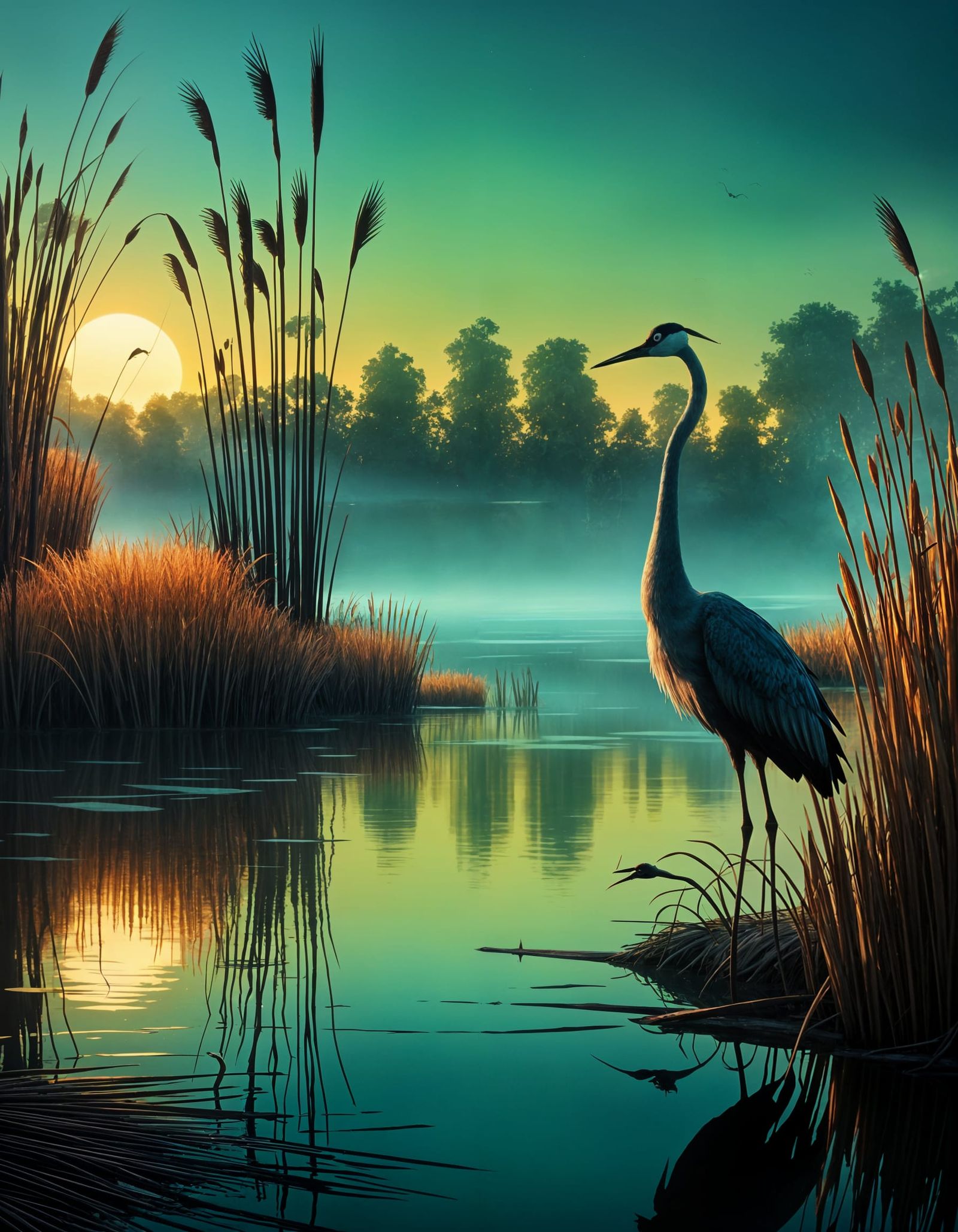 Cranes on Reed Shore in Evening Light