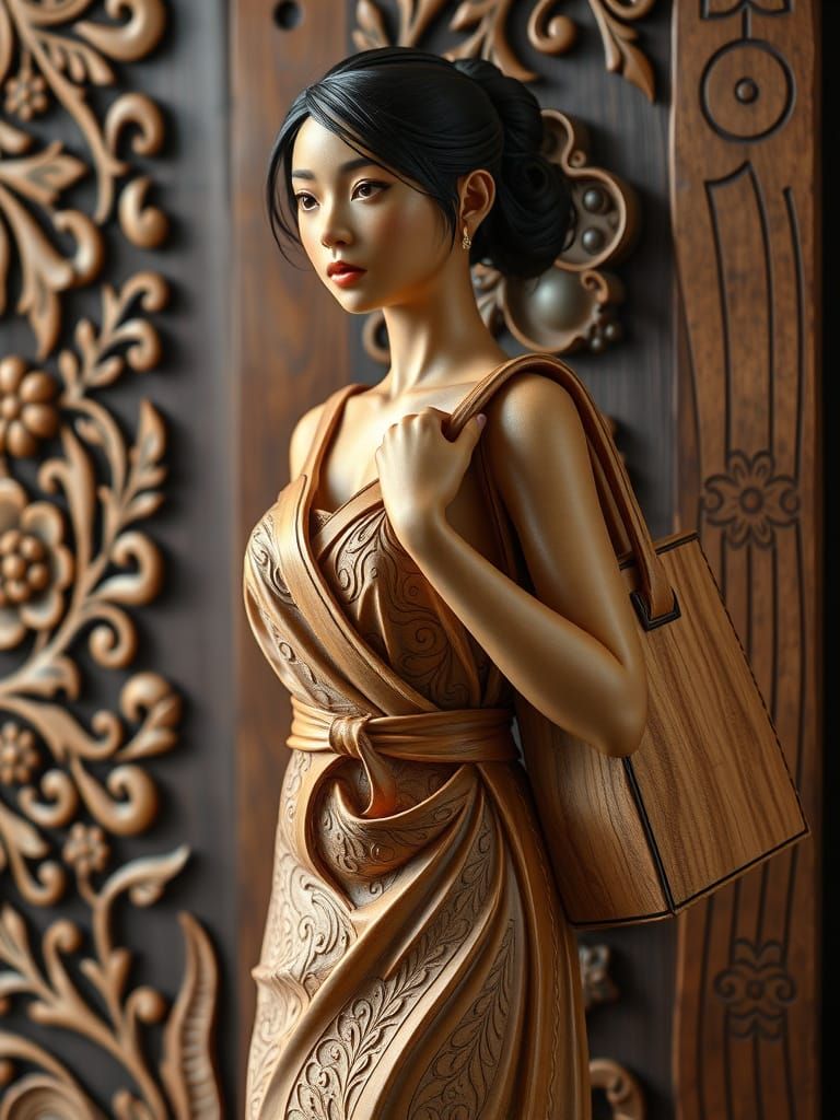 Elegant Wooden Sculpture of a Woman in Op Art Style