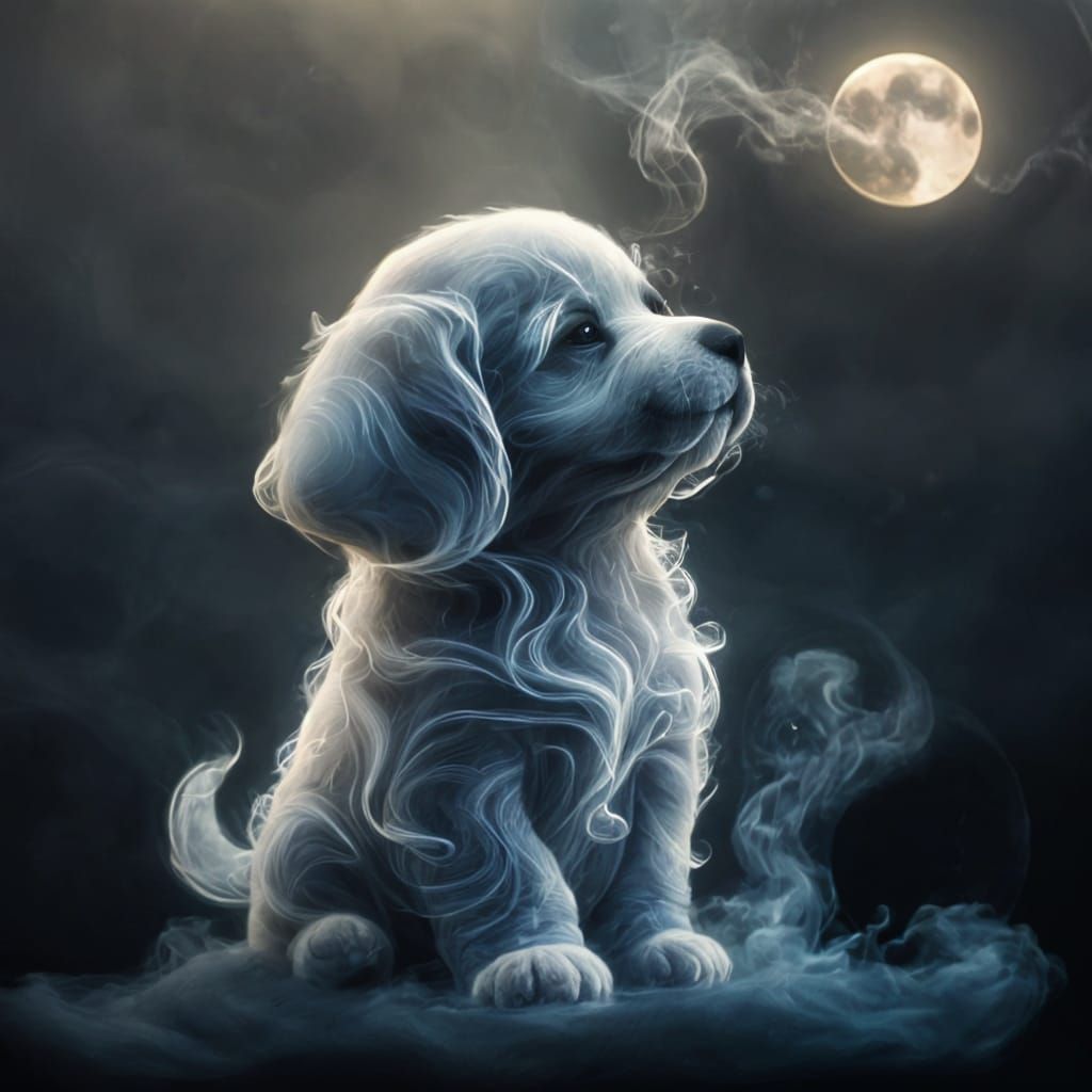 Ethereal Smoke Puppy Gazing at Moon