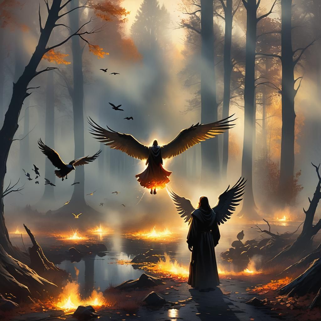 Winged Sorrow Angel in Autumn Forest