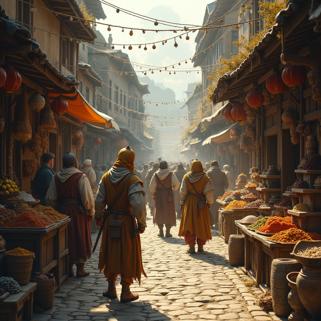 Bustling Medieval Market in the Style of Old Masters