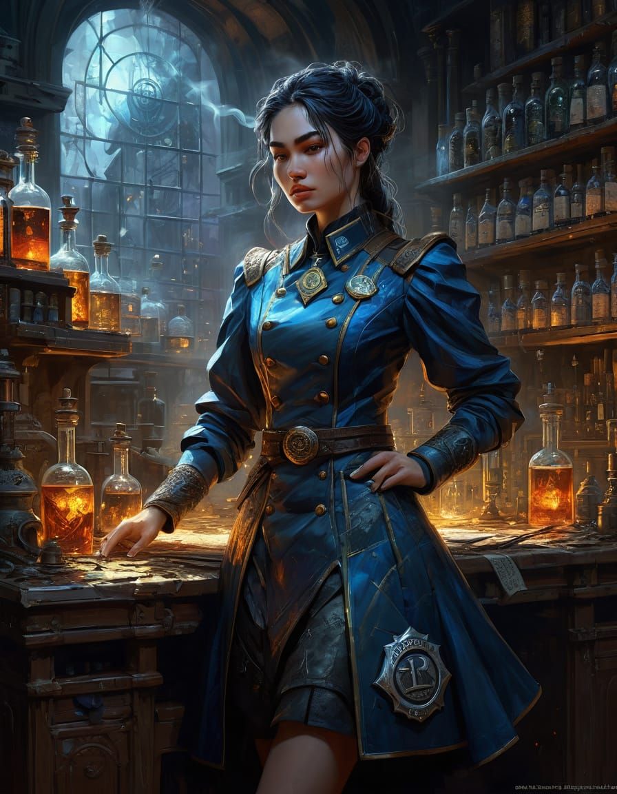 Sorceress Potion Taster in Dim Lab, Vibrant Accents