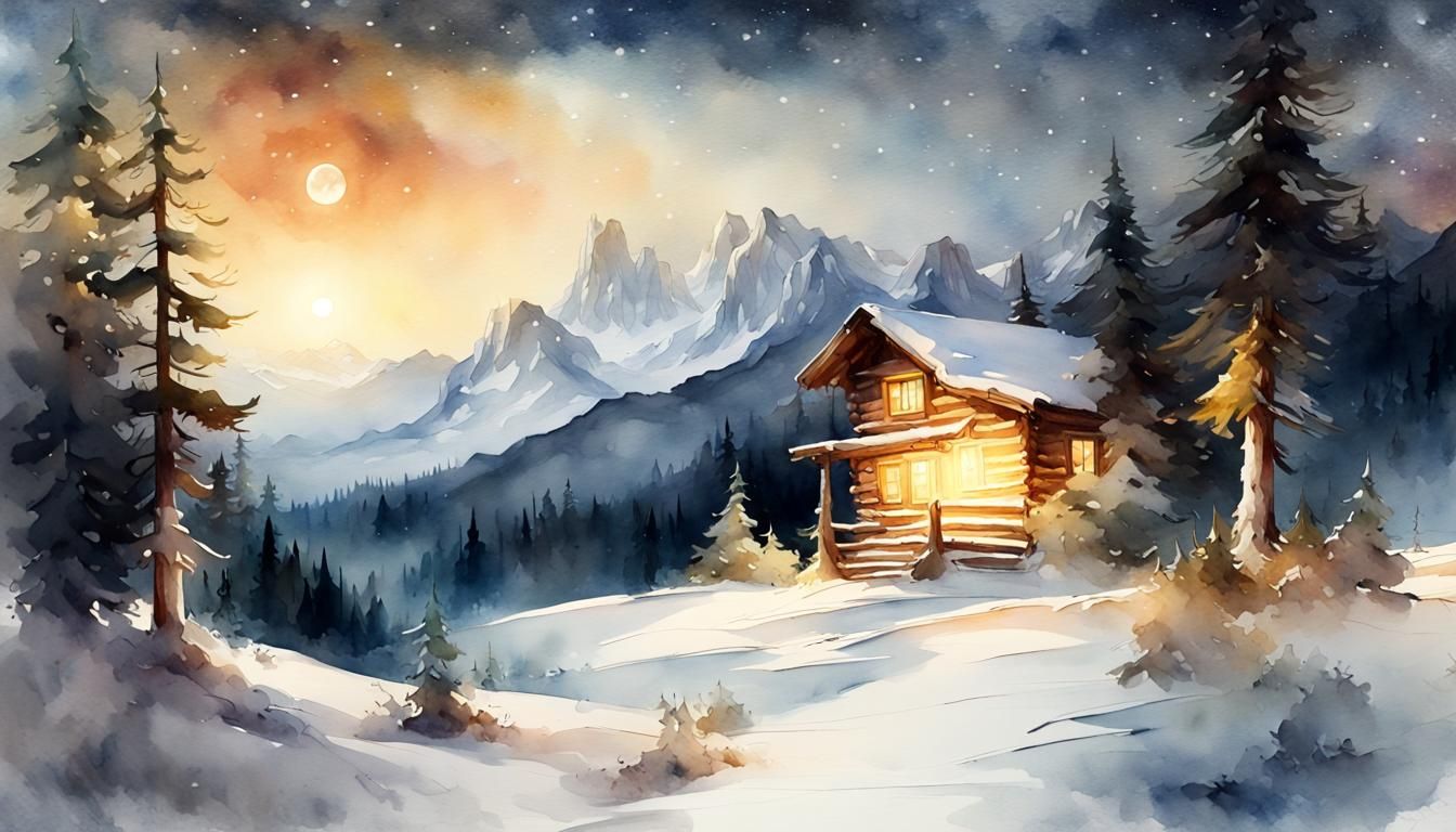 Snowy Landscape Painting with Cabin in Watercolor Style