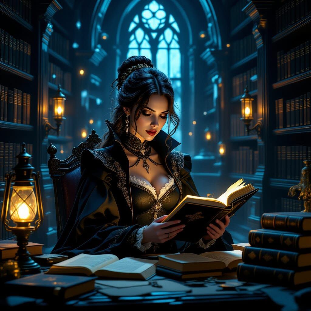 Mysterious Woman in Dark Fantasy Library