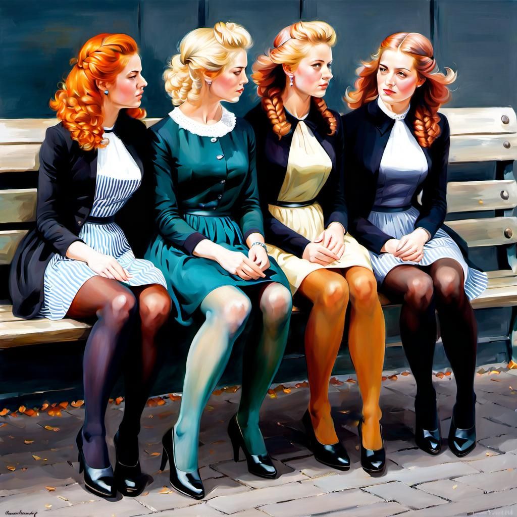 Danish Girls on Bench: Oil Painting in Classical Style