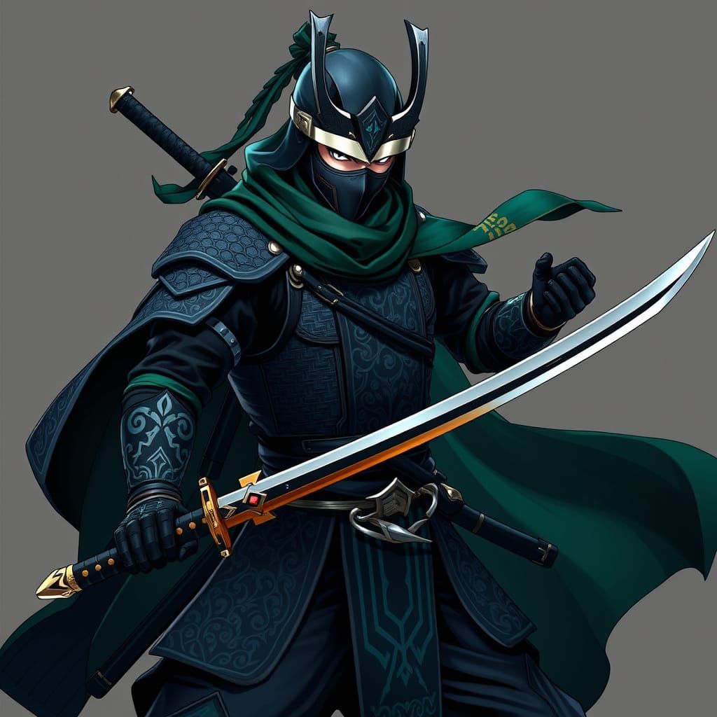 Surreal Samurai-Ninja Hybrid in Elegant Black Armor