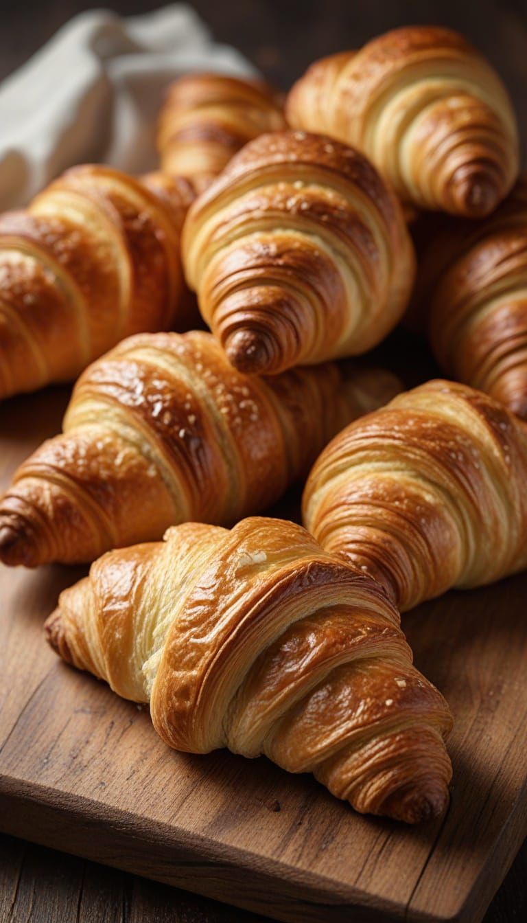 Fresh Croissants on Rustic Board in Natural Light