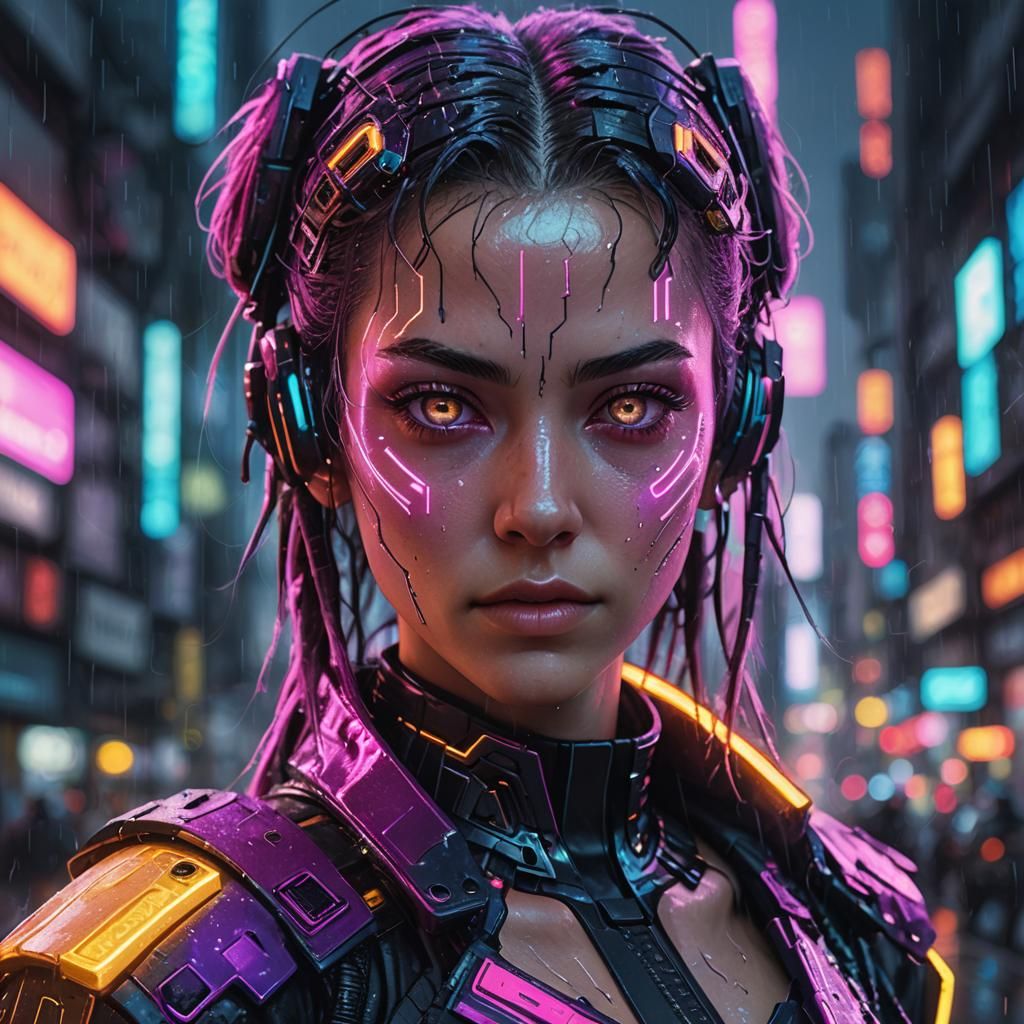 Cyberpunk Woman V Portrait in Neon Cityscape