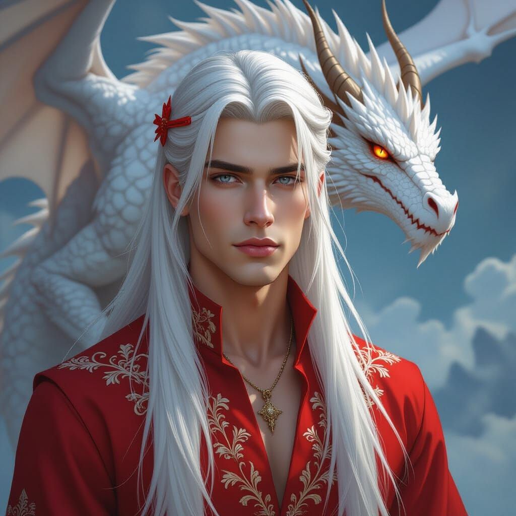 Fantasy Man with White Hair and Red Accents, Dragon in Sky