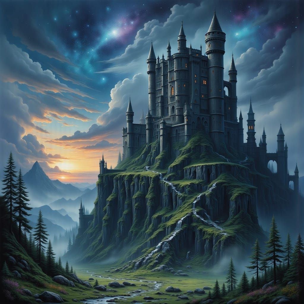 Ancient Castle Under Twilight Sky with Cosmic Portal