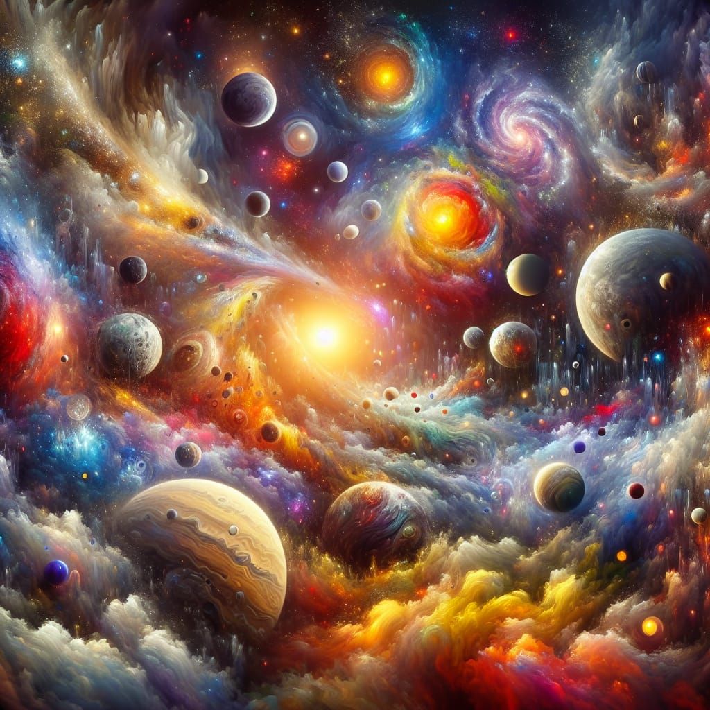 Fantastical Space Scene Representing Joy, Sorrow, and Wonder