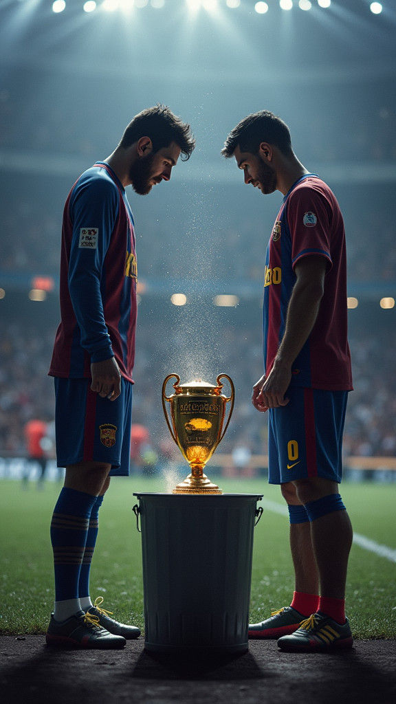 Messi and Ronaldo's Shock: Trophy Discarded, Digital Art