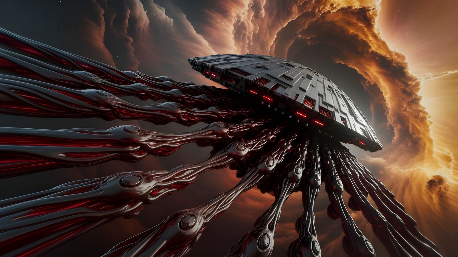 Colossal Bio-Mechanical Spacecraft Emerging from Nebula