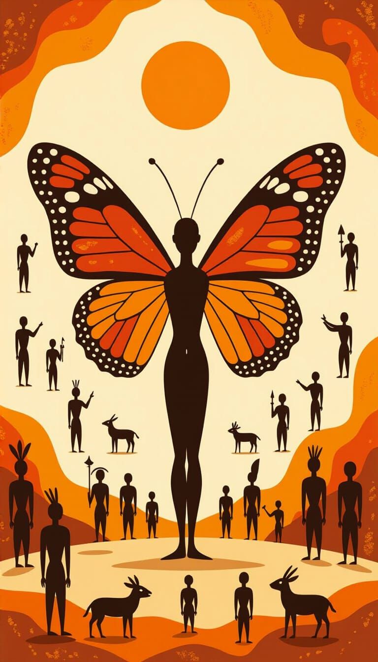 Ancient Cave Art: Human Figure with Butterfly Wings and Sun