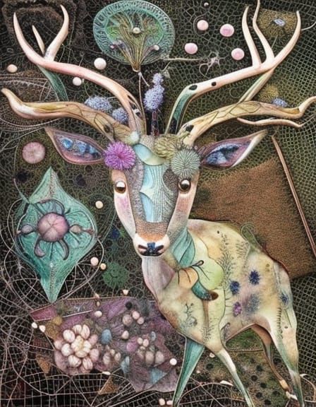 Intricate Deer Portrait in Abstract Textile Art Style