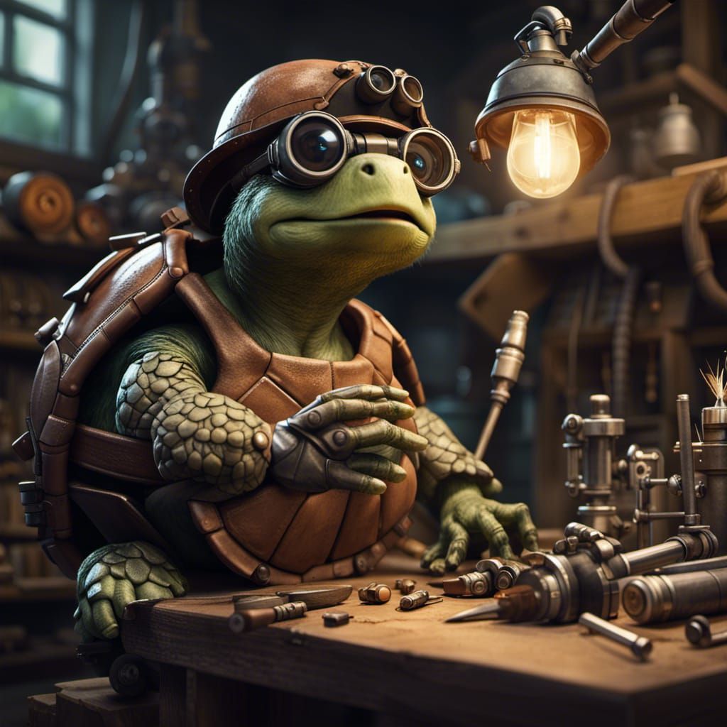 Angry Tortle Artificer in Workshop, Dark Fantasy Style