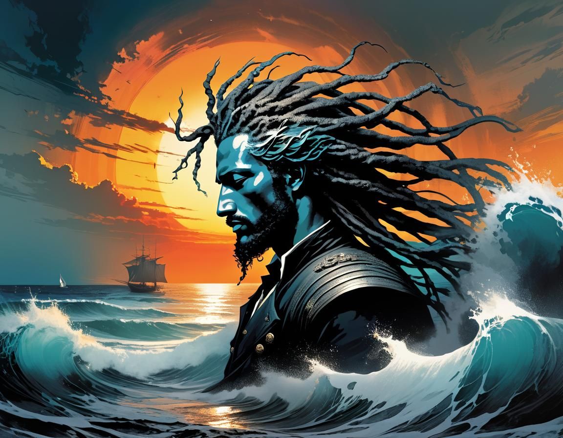 Neptune with Dreadlocks on Sunset Beach, Doré Style