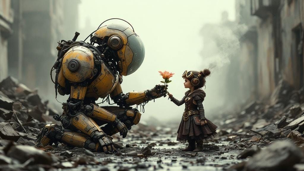 Mech Offers Flower to Steampunk Girl in Dystopia