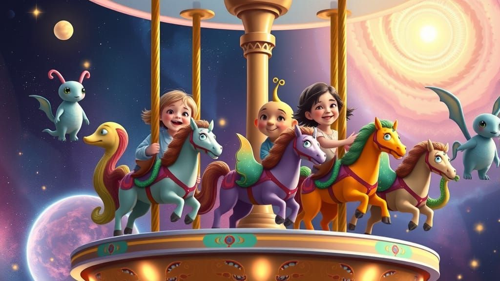 Cosmic Carousel with Alien Creatures in Dreamlike Digital Ar...