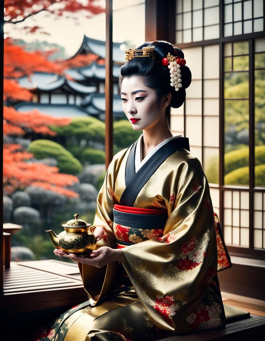 Geisha Performing Tea Ceremony with Gold Details
