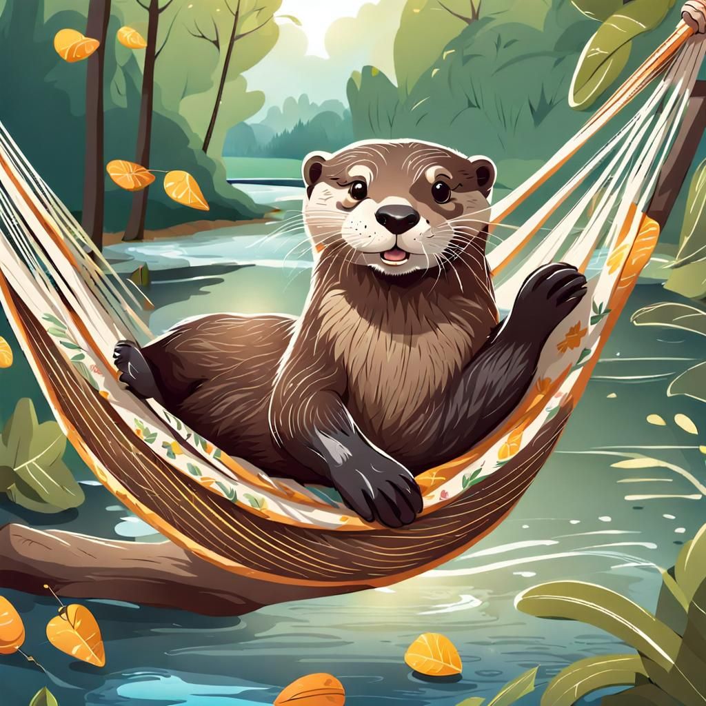 Cheerful Otter Relaxing in Hammock by River