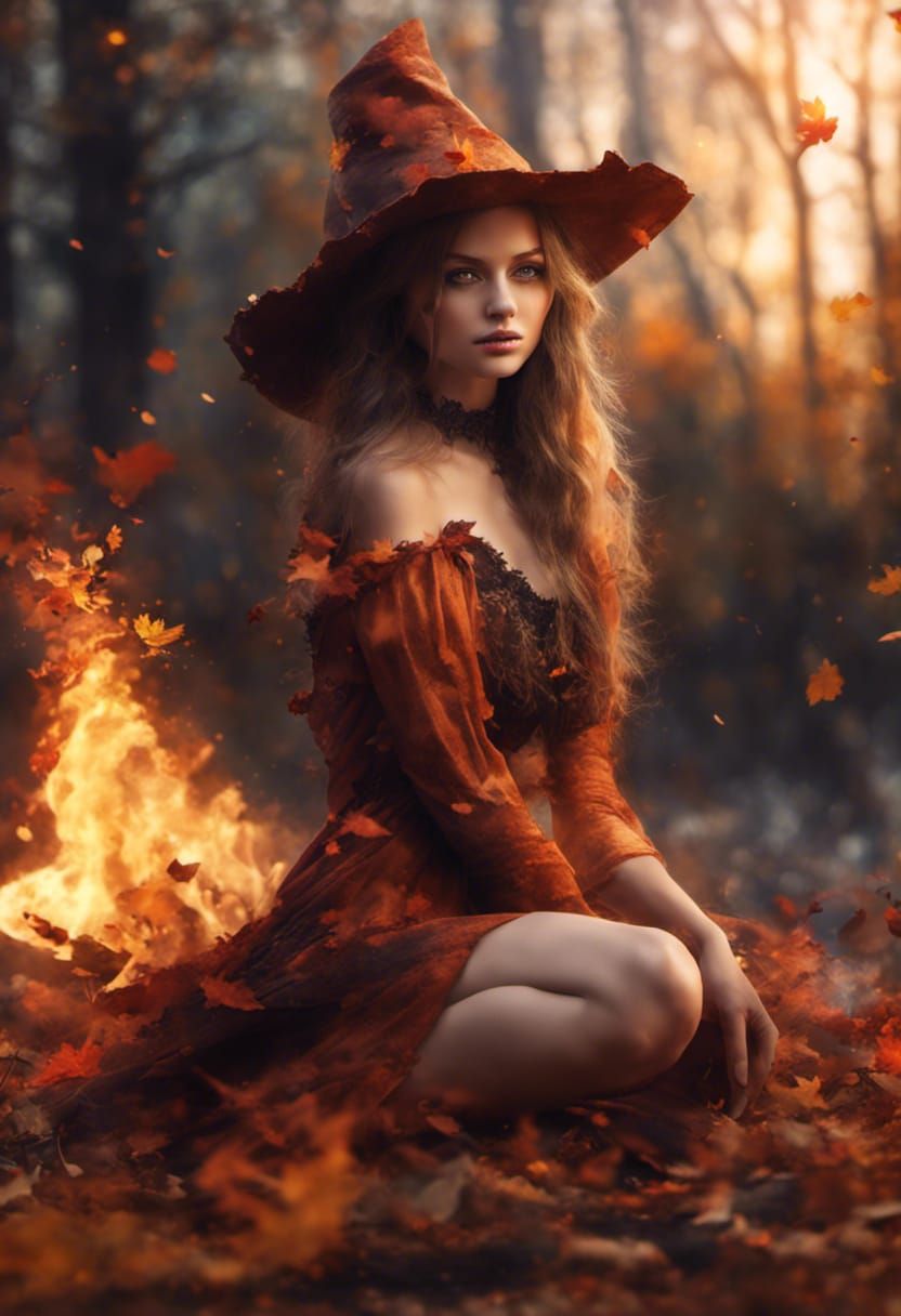 Beautiful Witch at Autumn Bonfire Digital Painting