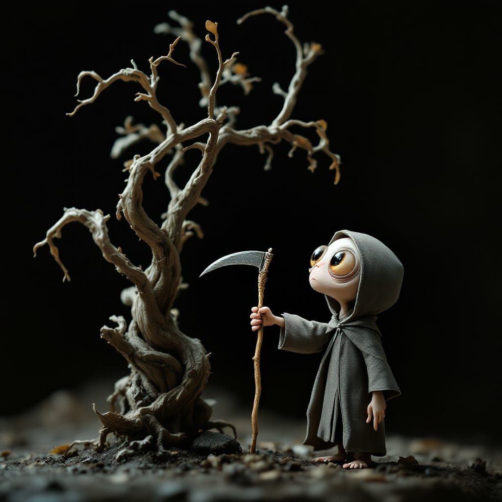 Surreal Imp as Grim Reaper with Withered Plant