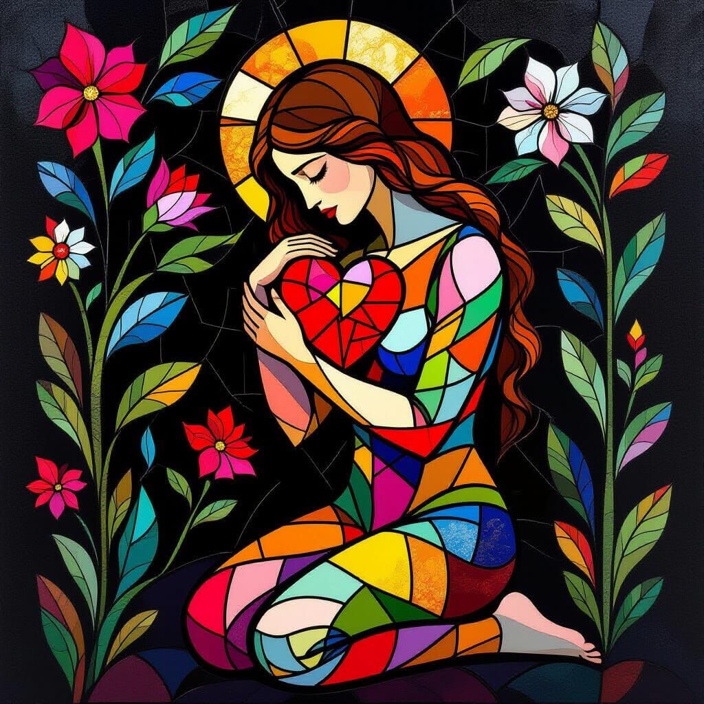 Sorrowful Figure with Bleeding Heart in Stained Glass Style