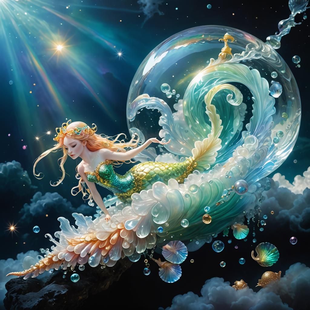 Ethereal Mermaids Swim Around Crystal Seashell