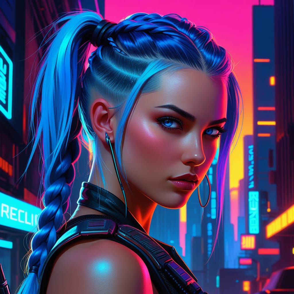 Cyberpunk Goddess of Rebellion in Neon Cityscape