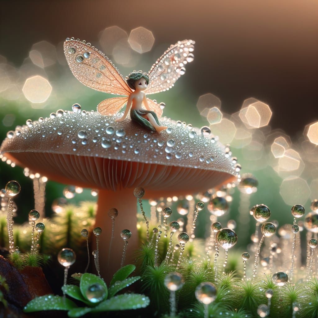 Macro photography of a tiny fairy sitting on a mushroom. Dew...