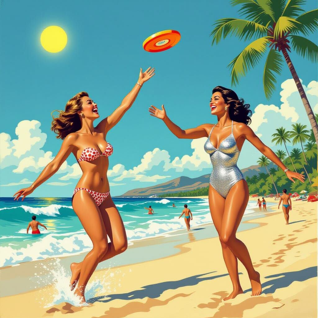 Athletic Women Play Frisbee on Sunny Beach in Vintage Pulp A...