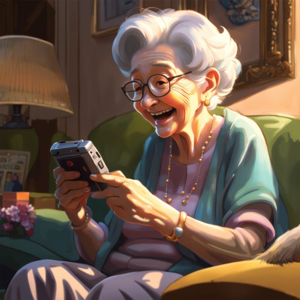 Grandmother's Joyful Game in Pixar Animation Style