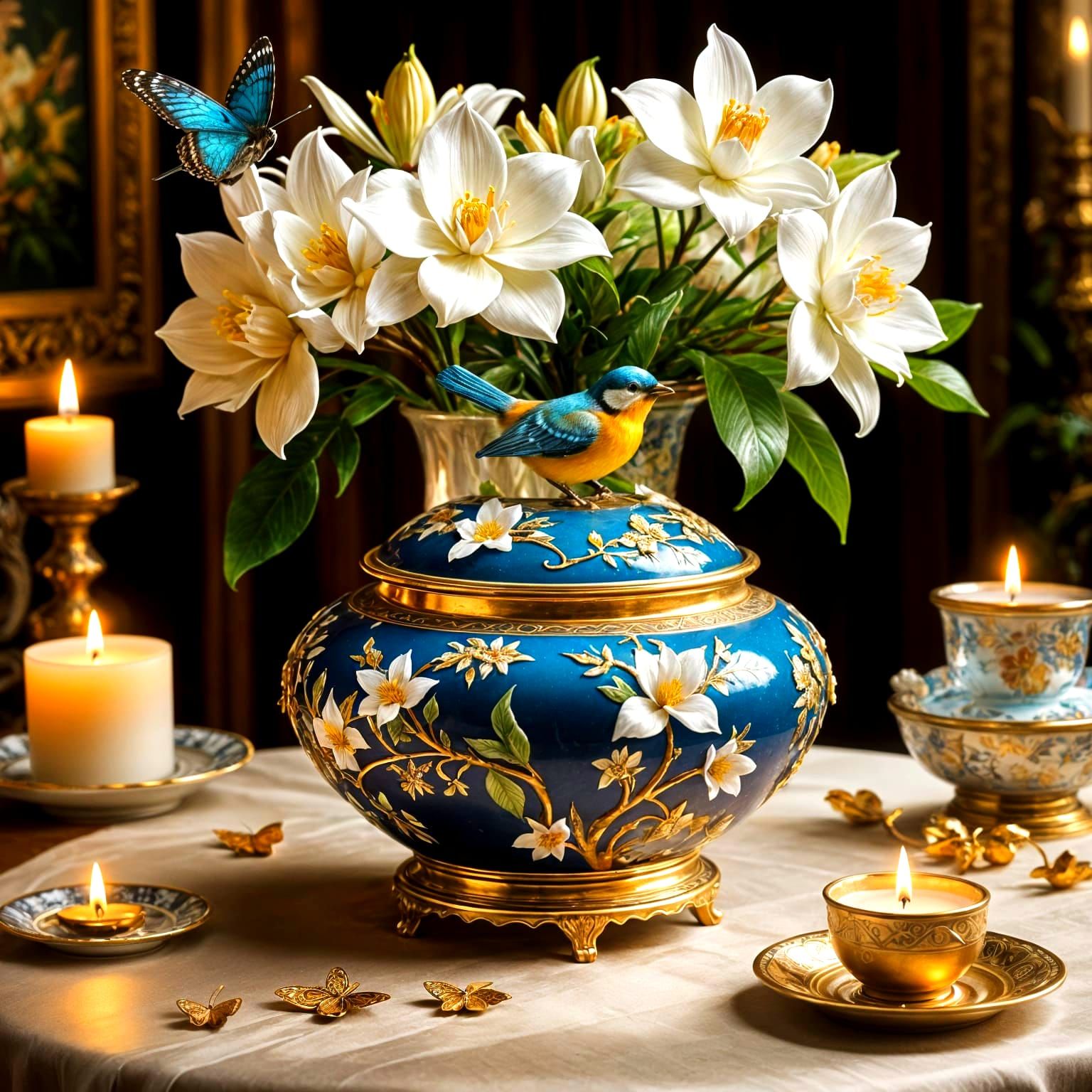 Whimsical Porcelain Pot with Bird and Flowers, Golden Detail...
