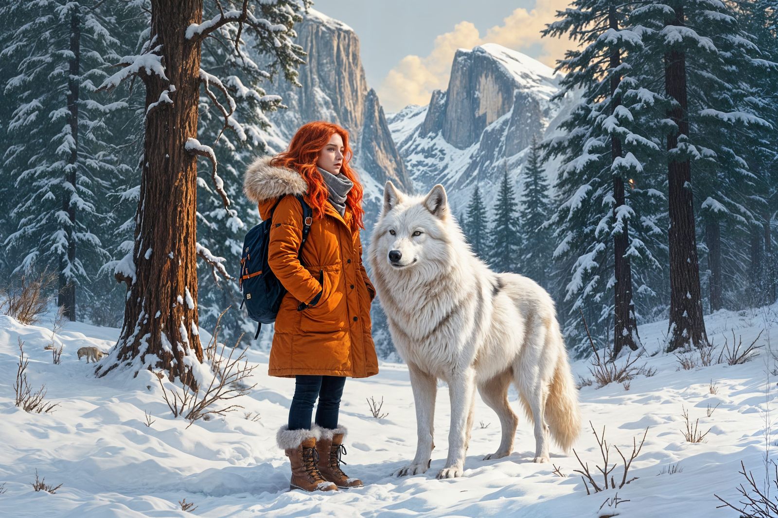Red Haired Woman and White Wolf in Yosemite