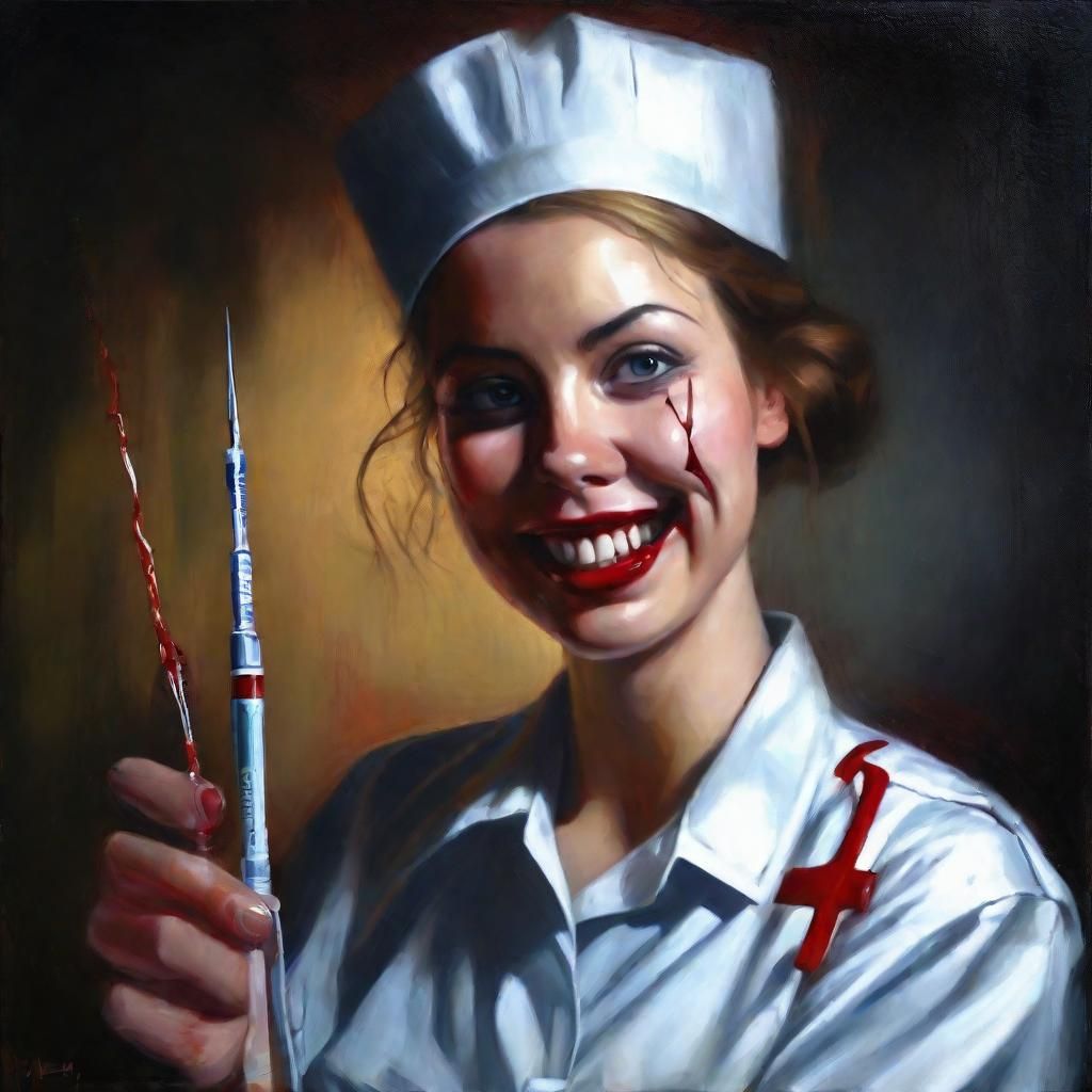 Scary Nurse with Syringe: Hyperrealistic Oil Painting