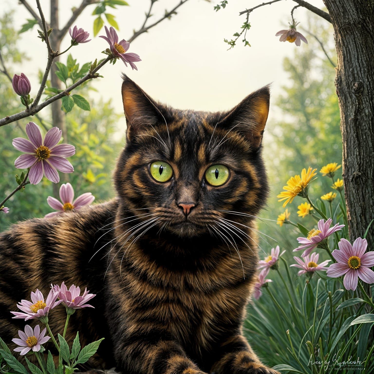 Tortoiseshell Cat in Spring Garden, Surrealist Style