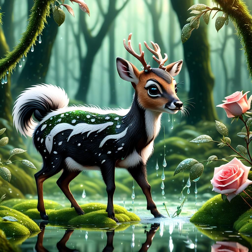 Bambi deer playing with long tailed skunk , dew drops on reflective layer over rose and leafs with dew look that has al...