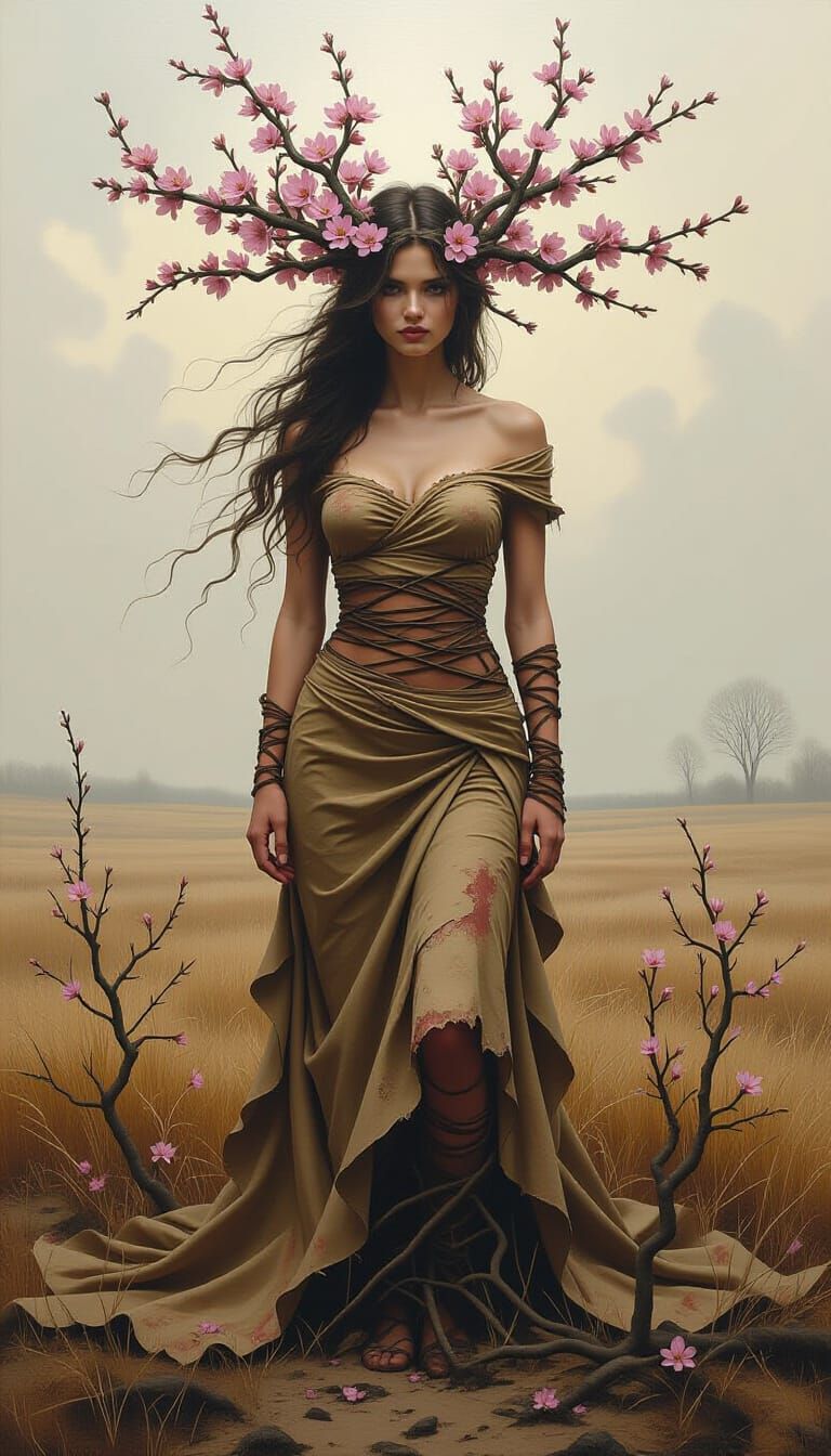 Woman Made of Blossoming Branches in Gritty Oil Painting