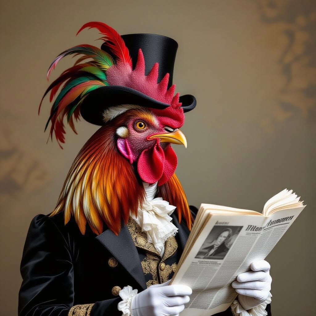 Rooster-Headed Man Reads Newspaper in Renaissance Style