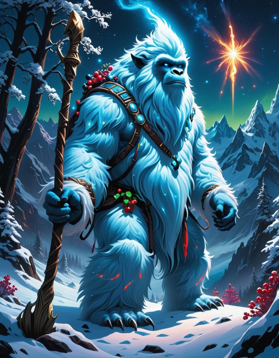 Magical Bioluminescent Yeti in Snowy Mountain Realm