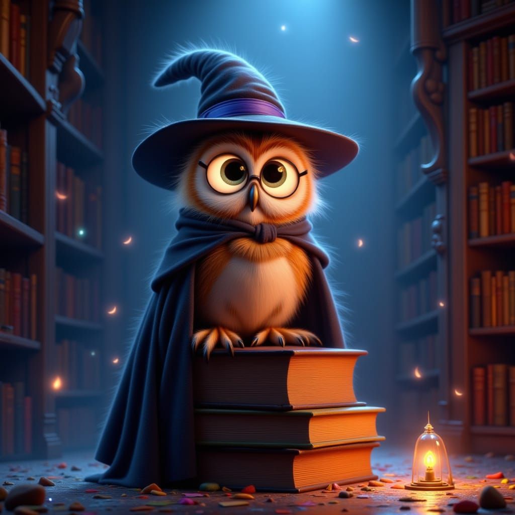 Pixar Owl Wizard in Ancient Library