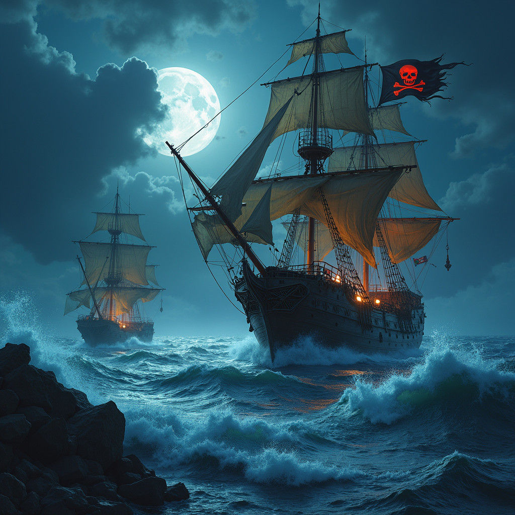 Pirate Galleon Attacks Sailing Ship in Moonlight