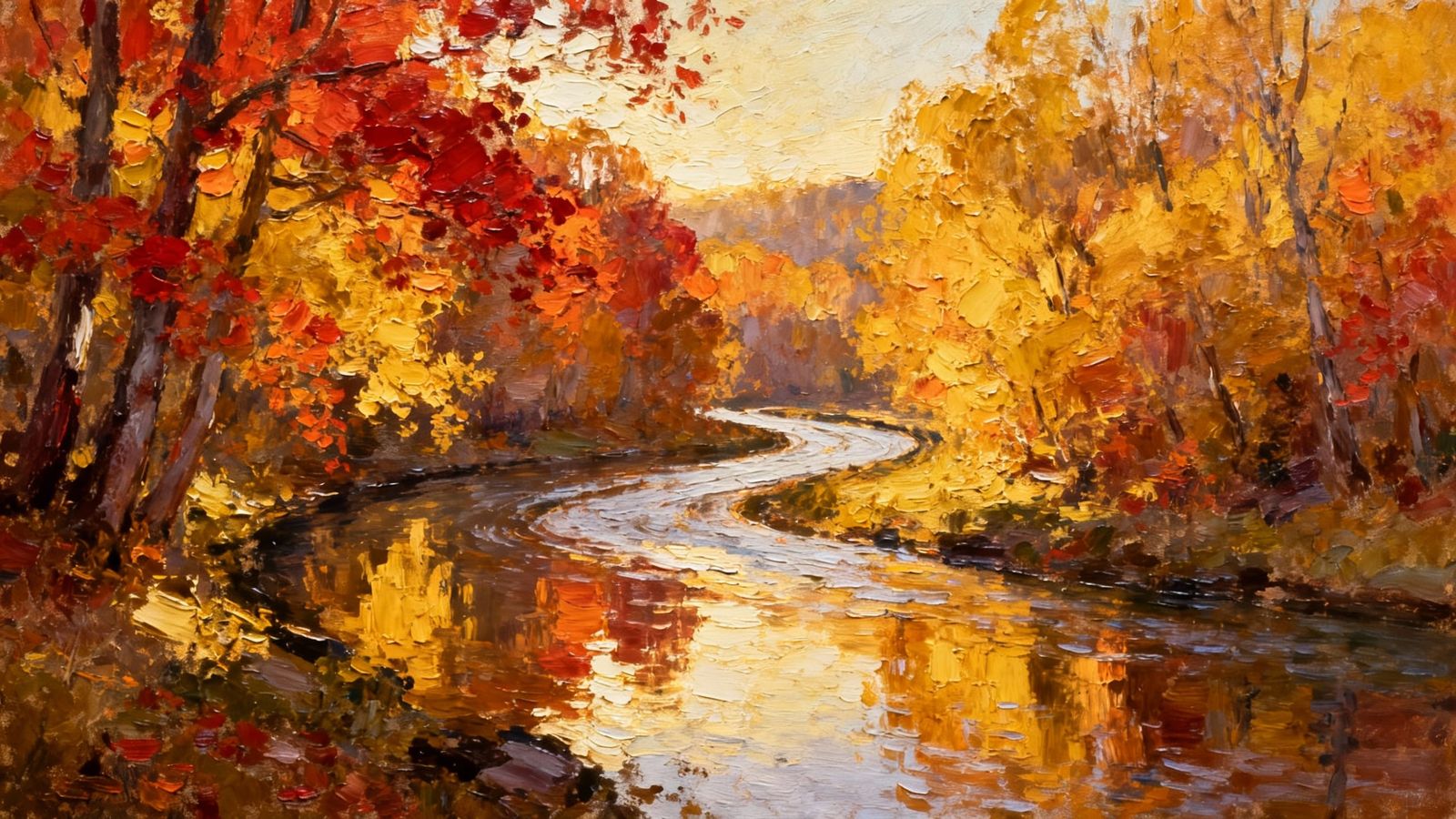 Impressionist Autumn River Scene with Textured Paint