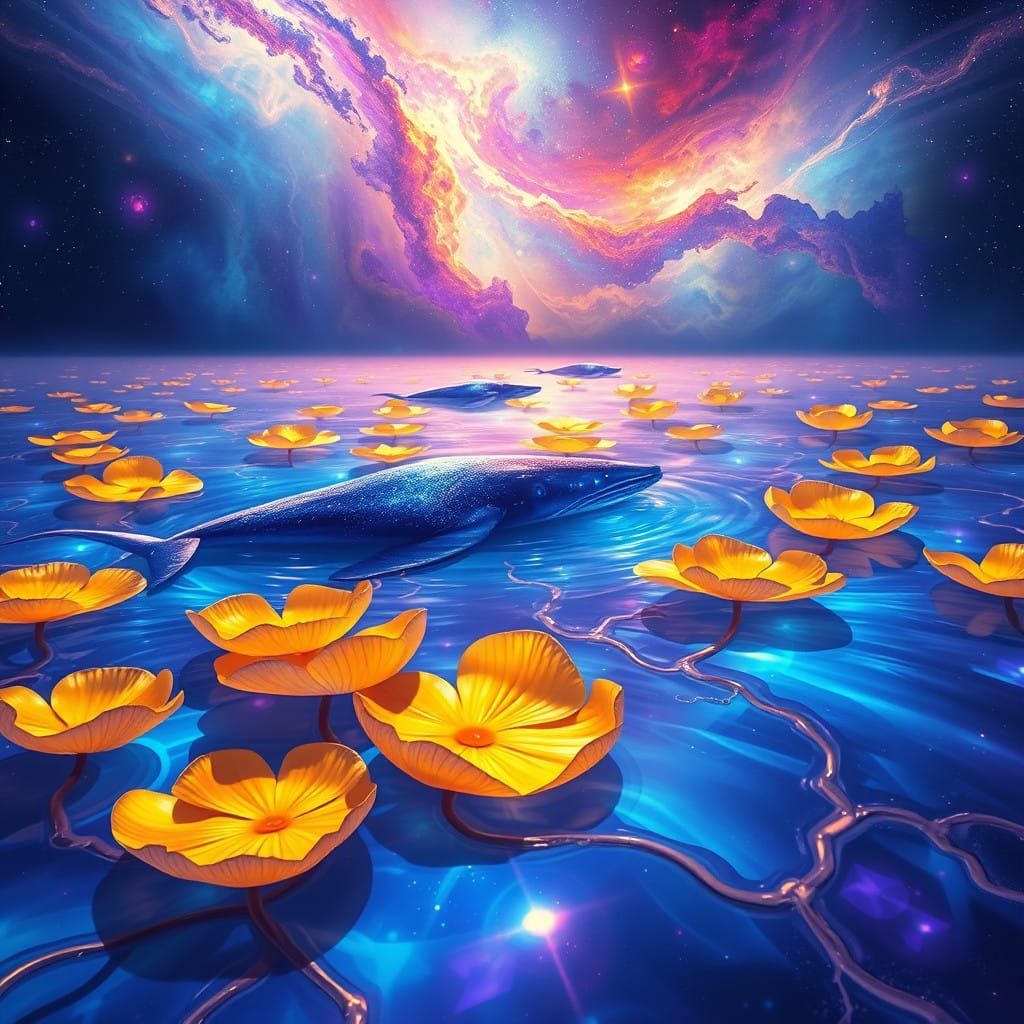 Luminous Cosmic Lily Pads Undulate on Radiant Oceanic Surfac...