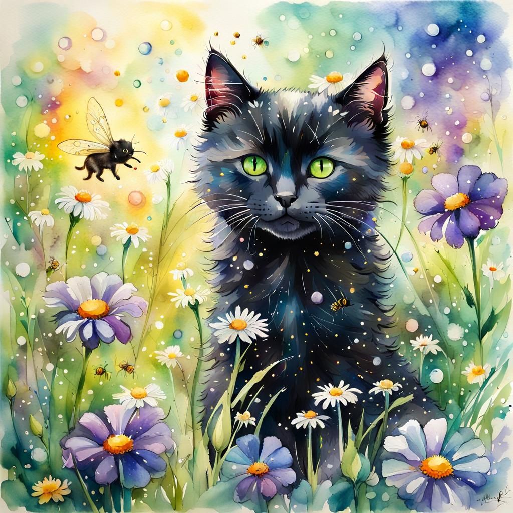 little black cat in a blooming spring flower meadow