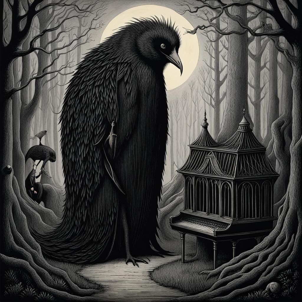 Whimsical Creature Playing Piano: Gothic Illustration